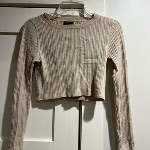 Beige Ribbed Long Sleeve Crop Top